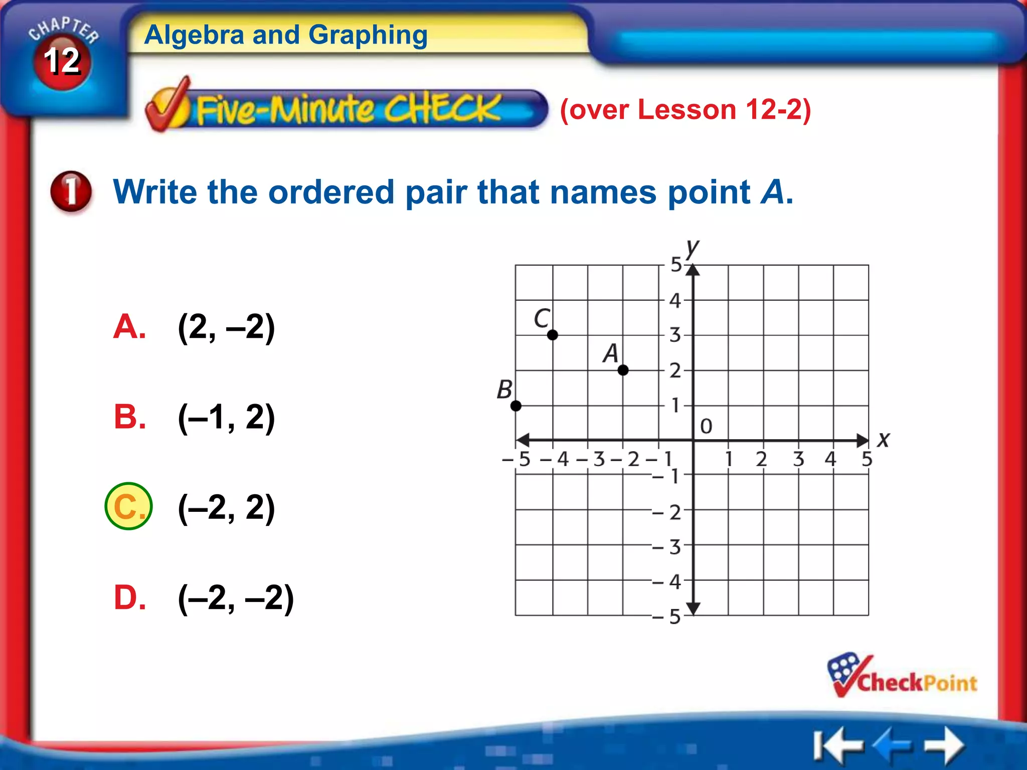 Algebra and Graphing
12
                                (over Lesson 12-2)

     Write the ordered pair that names point A.


     A. (2, –2)

     B. (–1, 2)

     C. (–2, 2)

     D. (–2, –2)
 