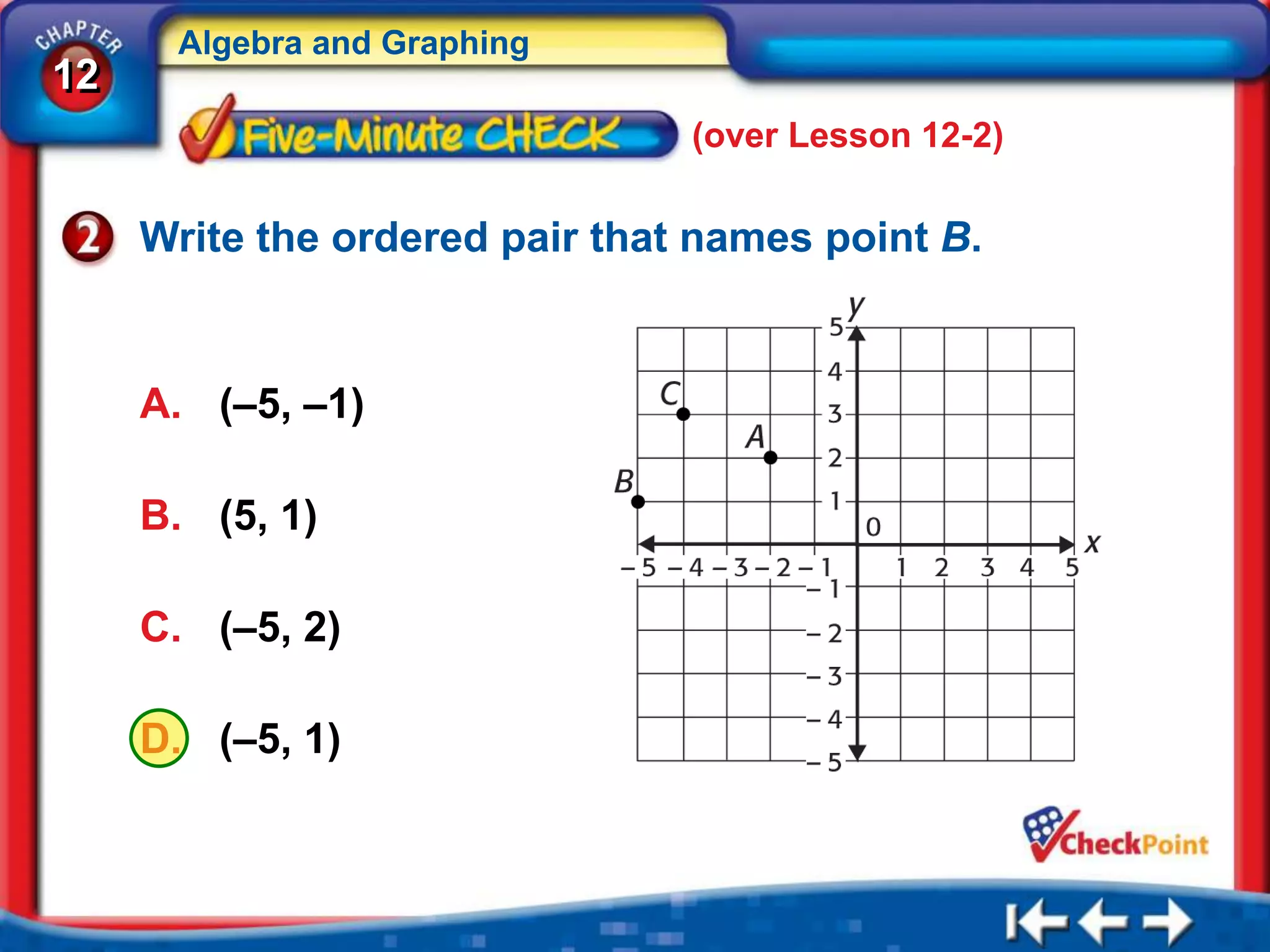 Algebra and Graphing
12
                                (over Lesson 12-2)

     Write the ordered pair that names point B.


     A. (–5, –1)

     B. (5, 1)

     C. (–5, 2)

     D. (–5, 1)
 