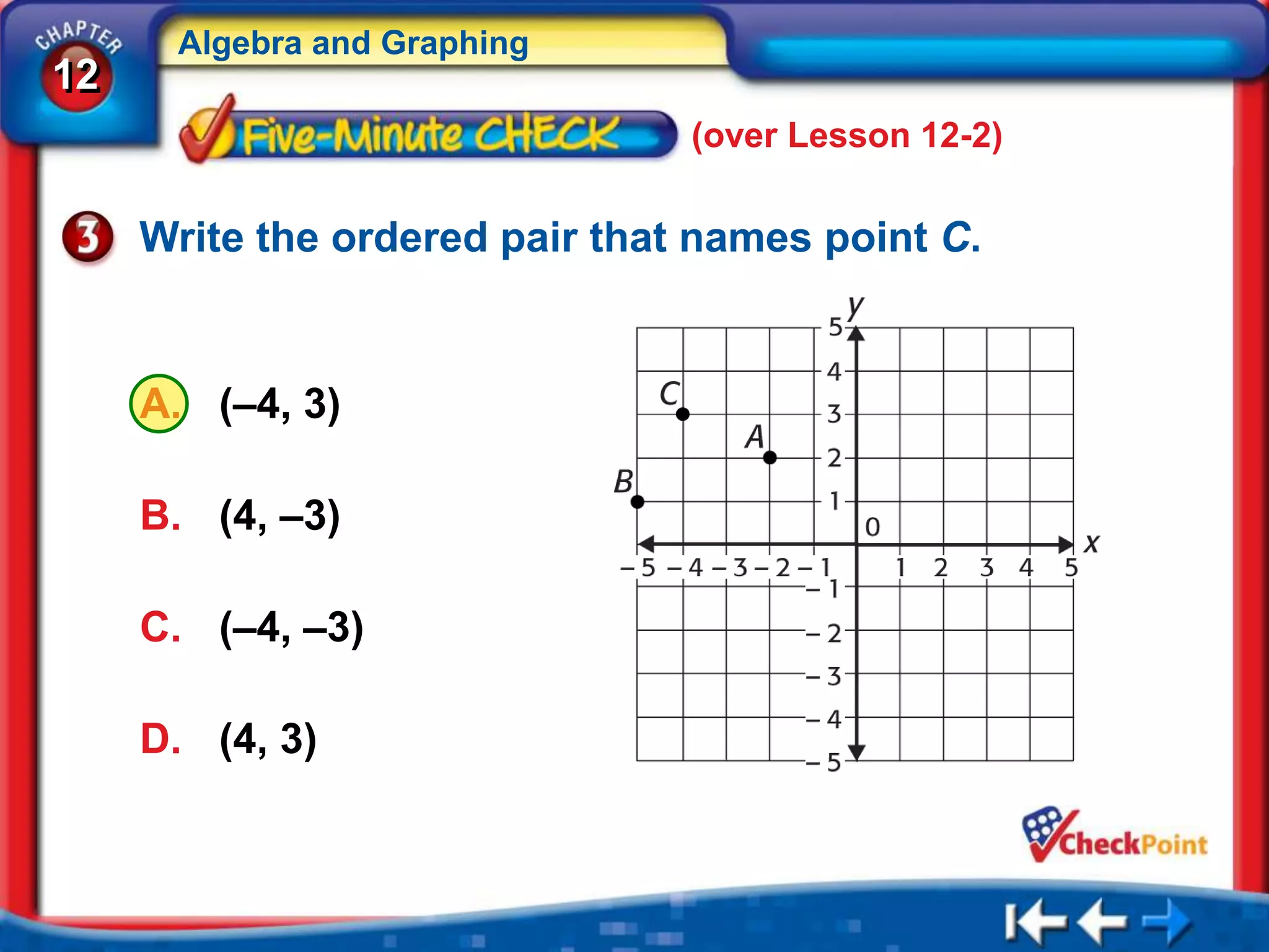 Algebra and Graphing
12
                                (over Lesson 12-2)

     Write the ordered pair that names point C.


     A. (–4, 3)

     B. (4, –3)

     C. (–4, –3)

     D. (4, 3)
 