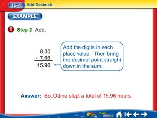 15-4   Add Decimals




  Step 2 Add.


                      Add the digits in each
            8.30      place value. Then bring
          + 7.66      the decimal point straight
           15.96      down in the sum.




   Answer: So, Odina slept a total of 15.96 hours.
 