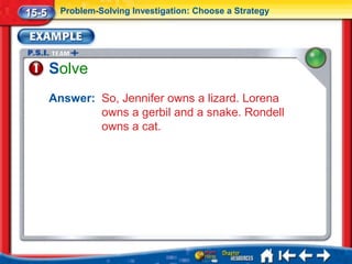 15-5     Problem-Solving Investigation: Choose a Strategy




       Solve
       Answer: So, Jennifer owns a lizard. Lorena
               owns a gerbil and a snake. Rondell
               owns a cat.
 