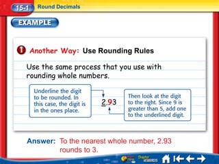 15-1     Round Decimals




       Another Way: Use Rounding Rules

   Use the same process that you use with
   rounding whole numbers.


                          2.93




   Answer: To the nearest whole number, 2.93
           rounds to 3.
 