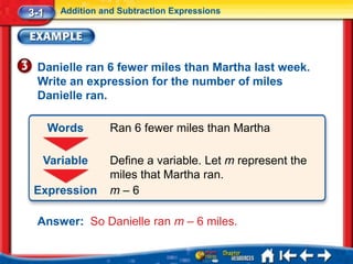 3-1    Addition and Subtraction Expressions




 Danielle ran 6 fewer miles than Martha last week.
 Write an expression for the number of miles
 Danielle ran.

      Words       Ran 6 fewer miles than Martha

  Variable        Define a variable. Let m represent the
                  miles that Martha ran.
 Expression       m–6

 Answer: So Danielle ran m – 6 miles.
 
