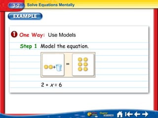 3-2     Solve Equations Mentally




  One Way: Use Models

      Step 1 Model the equation.




               2+x=6
 