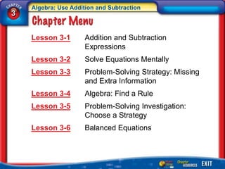 Algebra: Use Addition and Subtraction
3


    Lesson 3-1        Addition and Subtraction
                      Expressions
    Lesson 3-2        Solve Equations Mentally
    Lesson 3-3        Problem-Solving Strategy: Missing
                      and Extra Information
    Lesson 3-4        Algebra: Find a Rule
    Lesson 3-5        Problem-Solving Investigation:
                      Choose a Strategy
    Lesson 3-6        Balanced Equations
 