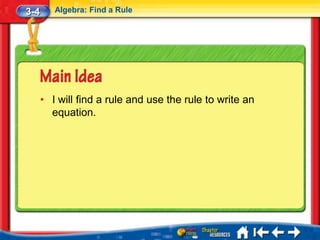 3-4      Algebra: Find a Rule




      • I will find a rule and use the rule to write an
        equation.
 