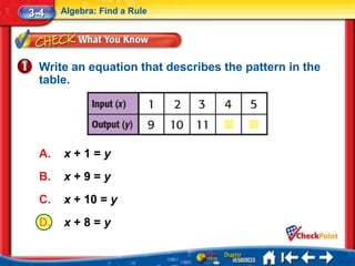 3-4    Algebra: Find a Rule




  Write an equation that describes the pattern in the
  table.




  A.   x+1=y
  B.   x+9=y
  C.   x + 10 = y
  D.   x+8=y
 