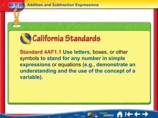 3-1     Addition and Subtraction Expressions




      Standard 4AF1.1 Use letters, boxes, or other
      symbols to stand for any number in simple
      expressions or equations (e.g., demonstrate an
      understanding and the use of the concept of a
      variable).
 
