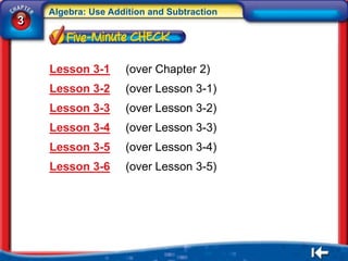 Algebra: Use Addition and Subtraction
3



    Lesson 3-1      (over Chapter 2)
    Lesson 3-2      (over Lesson 3-1)
    Lesson 3-3      (over Lesson 3-2)
    Lesson 3-4      (over Lesson 3-3)
    Lesson 3-5      (over Lesson 3-4)
    Lesson 3-6      (over Lesson 3-5)
 