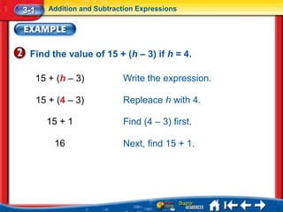 3-1      Addition and Subtraction Expressions




 Find the value of 15 + (h – 3) if h = 4.

      15 + (h – 3)           Write the expression.

      15 + (4 – 3)           Repleace h with 4.

        15 + 1               Find (4 – 3) first.

          16                 Next, find 15 + 1.
 