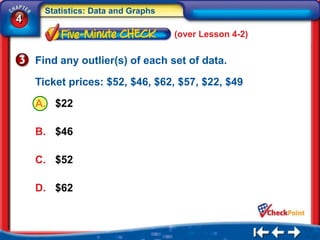 Statistics: Data and Graphs
4
                                    (over Lesson 4-2)


    Find any outlier(s) of each set of data.

    Ticket prices: $52, $46, $62, $57, $22, $49

    A. $22

    B. $46

    C. $52

    D. $62
 