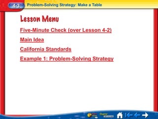 4-3     Problem-Solving Strategy: Make a Table




      Five-Minute Check (over Lesson 4-2)
      Main Idea
      California Standards
      Example 1: Problem-Solving Strategy
 