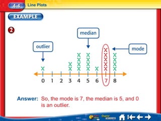 4-4   Line Plots




 Answer: So, the mode is 7, the median is 5, and 0
         is an outlier.
 