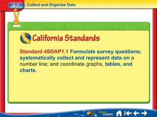 4-1     Collect and Organize Data




      Standard 4SDAP1.1 Formulate survey questions;
      systematically collect and represent data on a
      number line; and coordinate graphs, tables, and
      charts.
 