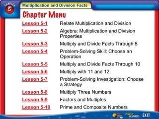 Multiplication and Division Facts
5

    Lesson 5-1         Relate Multiplication and Division
    Lesson 5-2         Algebra: Multiplication and Division
                       Properties
    Lesson 5-3         Multiply and Divide Facts Through 5
    Lesson 5-4         Problem-Solving Skill: Choose an
                       Operation
    Lesson 5-5         Multiply and Divide Facts Through 10
    Lesson 5-6         Multiply with 11 and 12
    Lesson 5-7         Problem-Solving Investigation: Choose
                       a Strategy
    Lesson 5-8         Multiply Three Numbers
    Lesson 5-9         Factors and Multiples
    Lesson 5-10        Prime and Composite Numbers
 