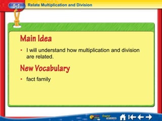 5-1      Relate Multiplication and Division




      • I will understand how multiplication and division
        are related.



      • fact family
 