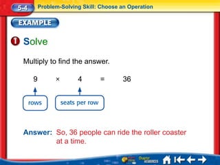 5-4       Problem-Solving Skill: Choose an Operation




 Solve
 Multiply to find the answer.

      9         ×       4       =       36




 Answer: So, 36 people can ride the roller coaster
         at a time.
 