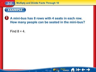 5-5   Multiply and Divide Facts Through 10




 A mini-bus has 8 rows with 4 seats in each row.
 How many people can be seated in the mini-bus?

 Find 8 × 4.
 