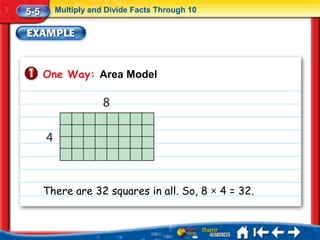 5-5     Multiply and Divide Facts Through 10




      One Way: Area Model




      There are 32 squares in all. So, 8 × 4 = 32.
 