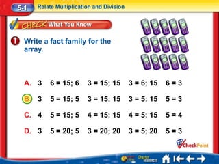 5-1   Relate Multiplication and Division




  Write a fact family for the
  array.



  A. 3    6 = 15; 6      3 = 15; 15        3 = 6; 15   6=3

  B. 3    5 = 15; 5      3 = 15; 15        3 = 5; 15   5=3

  C. 4    5 = 15; 5      4 = 15; 15        4 = 5; 15   5=4

  D. 3    5 = 20; 5      3 = 20; 20        3 = 5; 20   5=3
 