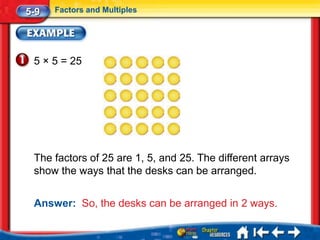5-9   Factors and Multiples




 5 × 5 = 25




 The factors of 25 are 1, 5, and 25. The different arrays
 show the ways that the desks can be arranged.


 Answer: So, the desks can be arranged in 2 ways.
 