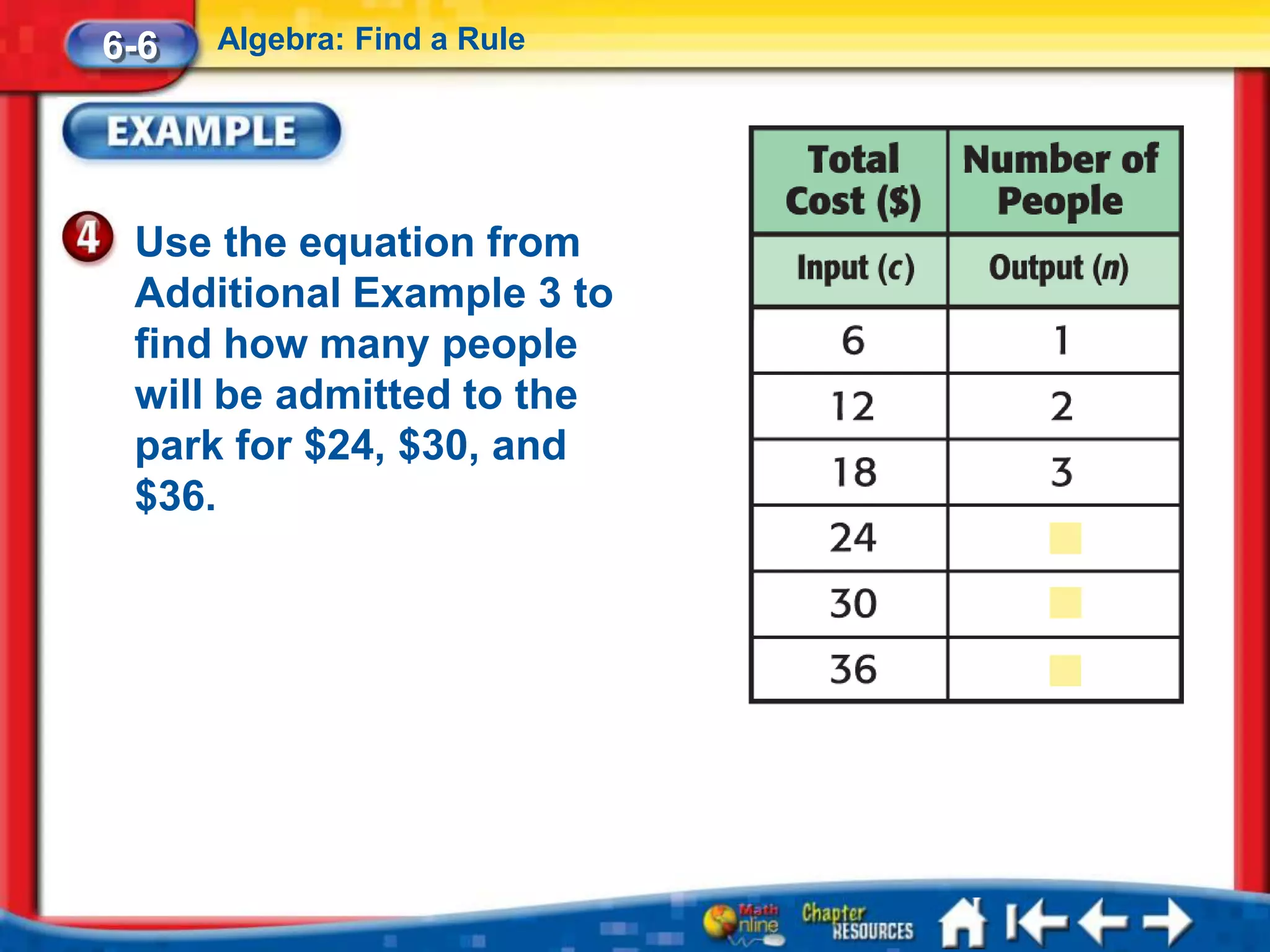 6-6   Algebra: Find a Rule




 Use the equation from
 Additional Example 3 to
 find how many people
 will be admitted to the
 park for $24, $30, and
 $36.
 