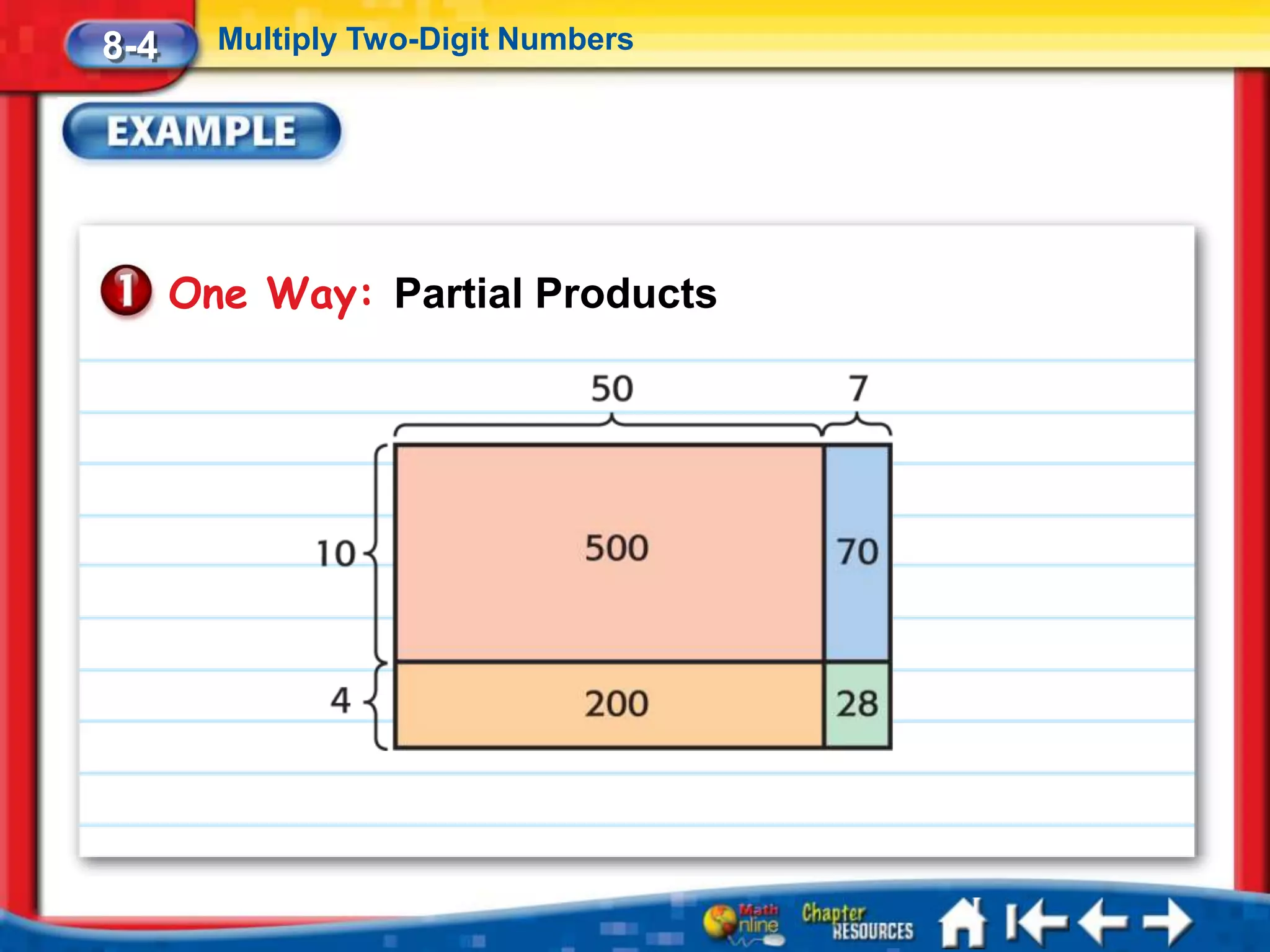 8-4     Multiply Two-Digit Numbers




      One Way: Partial Products
 