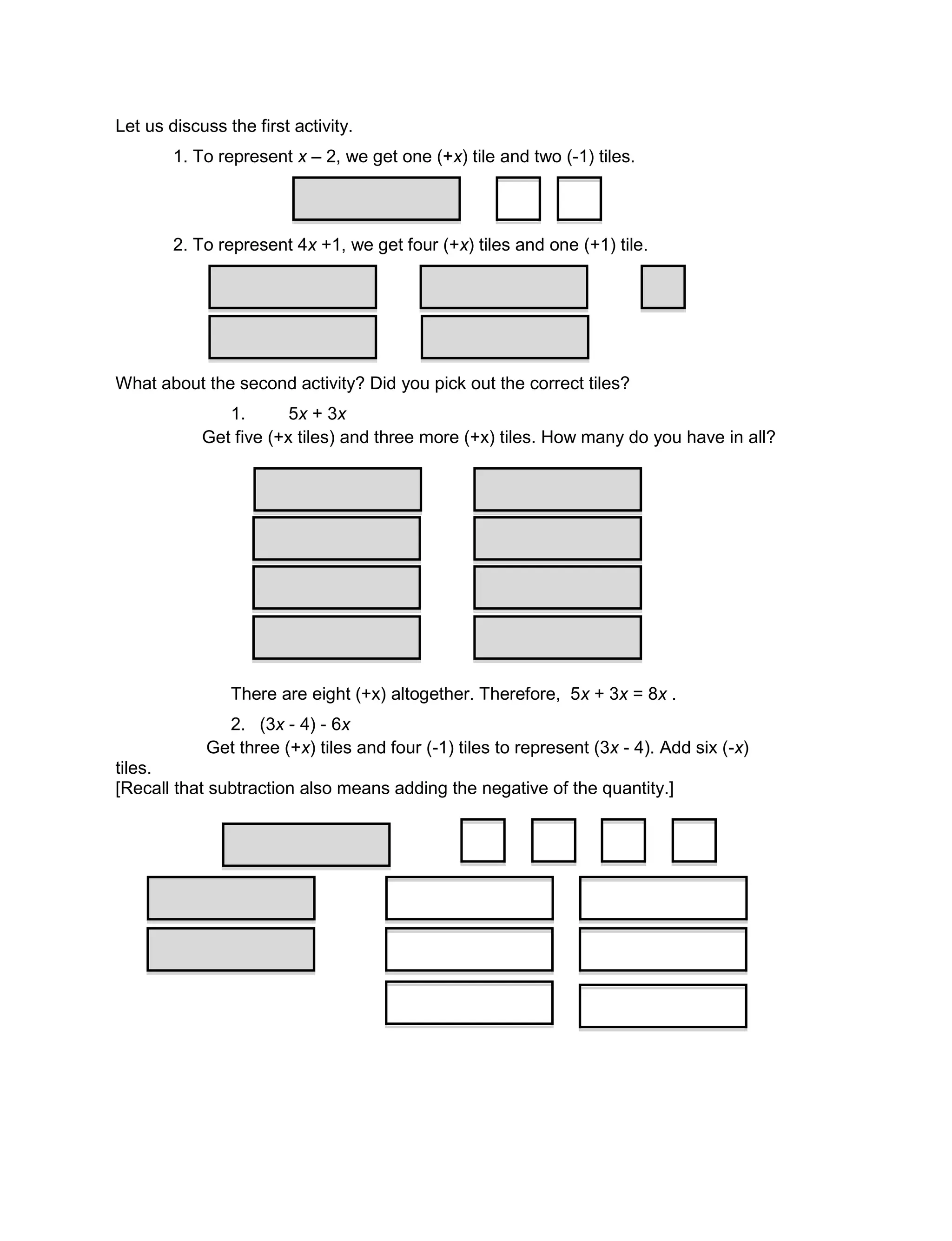Let us discuss the first activity.
1. To represent x – 2, we get one (+x) tile and two (-1) tiles.
2. To represent 4x +1, we get four (+x) tiles and one (+1) tile.
What about the second activity? Did you pick out the correct tiles?
1. 5x + 3x
Get five (+x tiles) and three more (+x) tiles. How many do you have in all?
There are eight (+x) altogether. Therefore, 5x + 3x = 8x .
2. (3x - 4) - 6x
Get three (+x) tiles and four (-1) tiles to represent (3x - 4). Add six (-x)
tiles.
[Recall that subtraction also means adding the negative of the quantity.]
 