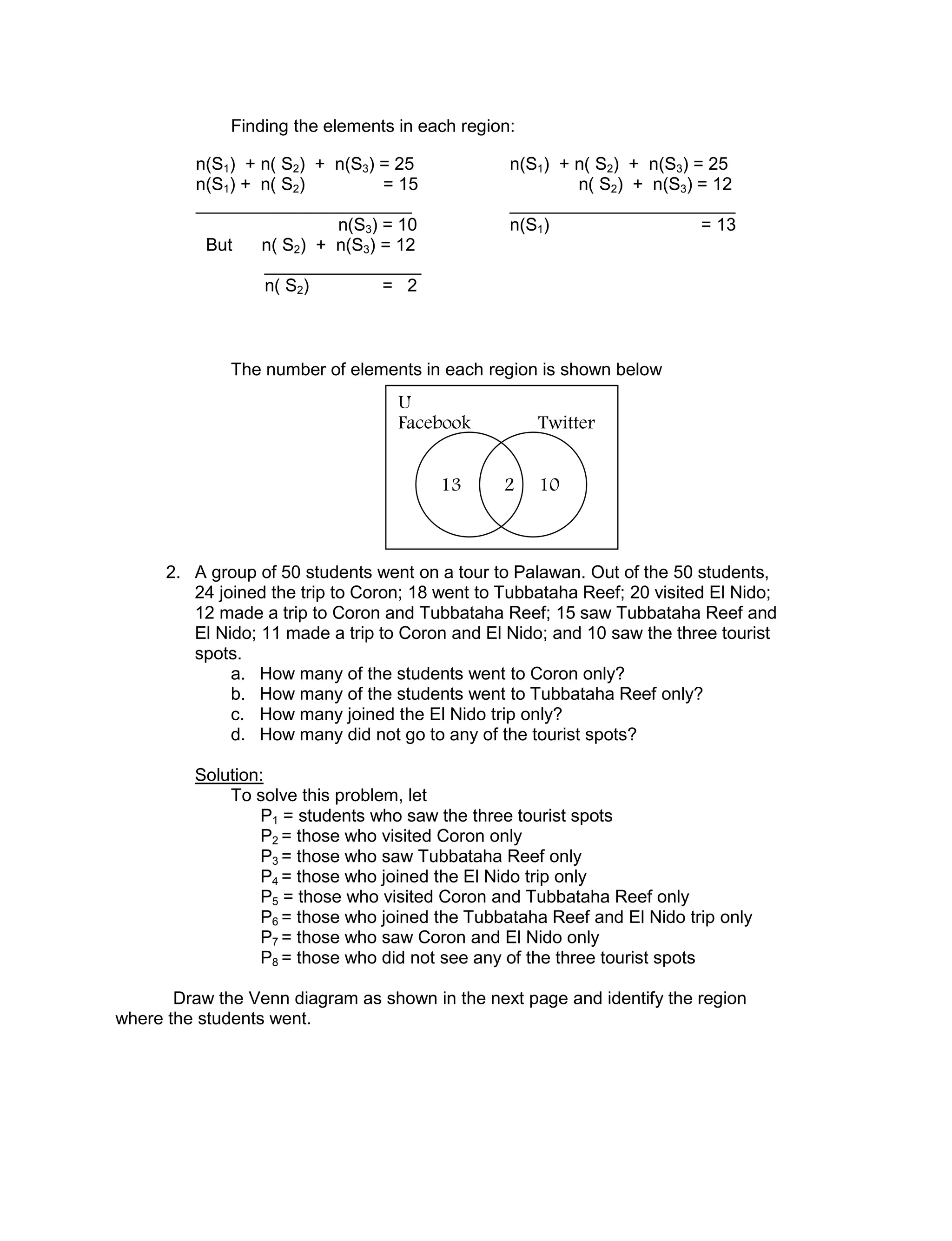 Finding the elements in each region:
The number of elements in each region is shown below
2. A group of 50 students went on a tour to Palawan. Out of the 50 students,
24 joined the trip to Coron; 18 went to Tubbataha Reef; 20 visited El Nido;
12 made a trip to Coron and Tubbataha Reef; 15 saw Tubbataha Reef and
El Nido; 11 made a trip to Coron and El Nido; and 10 saw the three tourist
spots.
a. How many of the students went to Coron only?
b. How many of the students went to Tubbataha Reef only?
c. How many joined the El Nido trip only?
d. How many did not go to any of the tourist spots?
Solution:
To solve this problem, let
P1 = students who saw the three tourist spots
P2 = those who visited Coron only
P3 = those who saw Tubbataha Reef only
P4 = those who joined the El Nido trip only
P5 = those who visited Coron and Tubbataha Reef only
P6 = those who joined the Tubbataha Reef and El Nido trip only
P7 = those who saw Coron and El Nido only
P8 = those who did not see any of the three tourist spots
Draw the Venn diagram as shown in the next page and identify the region
where the students went.
n(S1) + n( S2) + n(S3) = 25
n(S1) + n( S2) = 15
______________________
n(S3) = 10
But n( S2) + n(S3) = 12
________________
n( S2) = 2
n(S1) + n( S2) + n(S3) = 25
n( S2) + n(S3) = 12
_______________________
n(S1) = 13
U
Facebook Twitter
13 2 10
 