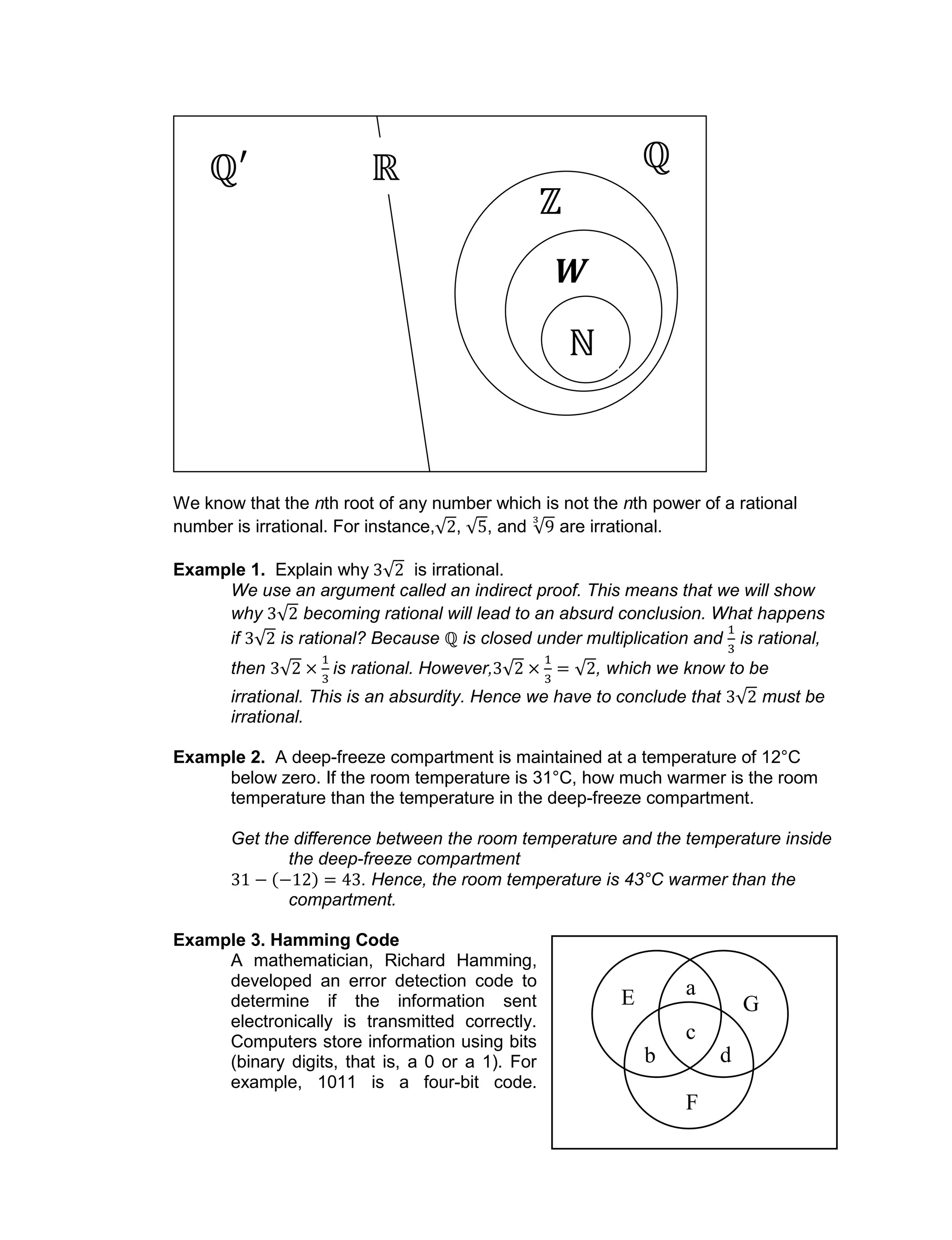 We know that the nth root of any number which is not the nth power of a rational
number is irrational. For instance, , , and are irrational.
Example 1. Explain why is irrational.
We use an argument called an indirect proof. This means that we will show
why becoming rational will lead to an absurd conclusion. What happens
if is rational? Because is closed under multiplication and is rational,
then is rational. However, , which we know to be
irrational. This is an absurdity. Hence we have to conclude that must be
irrational.
Example 2. A deep-freeze compartment is maintained at a temperature of 12°C
below zero. If the room temperature is 31°C, how much warmer is the room
temperature than the temperature in the deep-freeze compartment.
Get the difference between the room temperature and the temperature inside
the deep-freeze compartment
. Hence, the room temperature is 43°C warmer than the
compartment.
Example 3. Hamming Code
A mathematician, Richard Hamming,
developed an error detection code to
determine if the information sent
electronically is transmitted correctly.
Computers store information using bits
(binary digits, that is, a 0 or a 1). For
example, 1011 is a four-bit code.
W
a
b
c
d
E
F
G
 