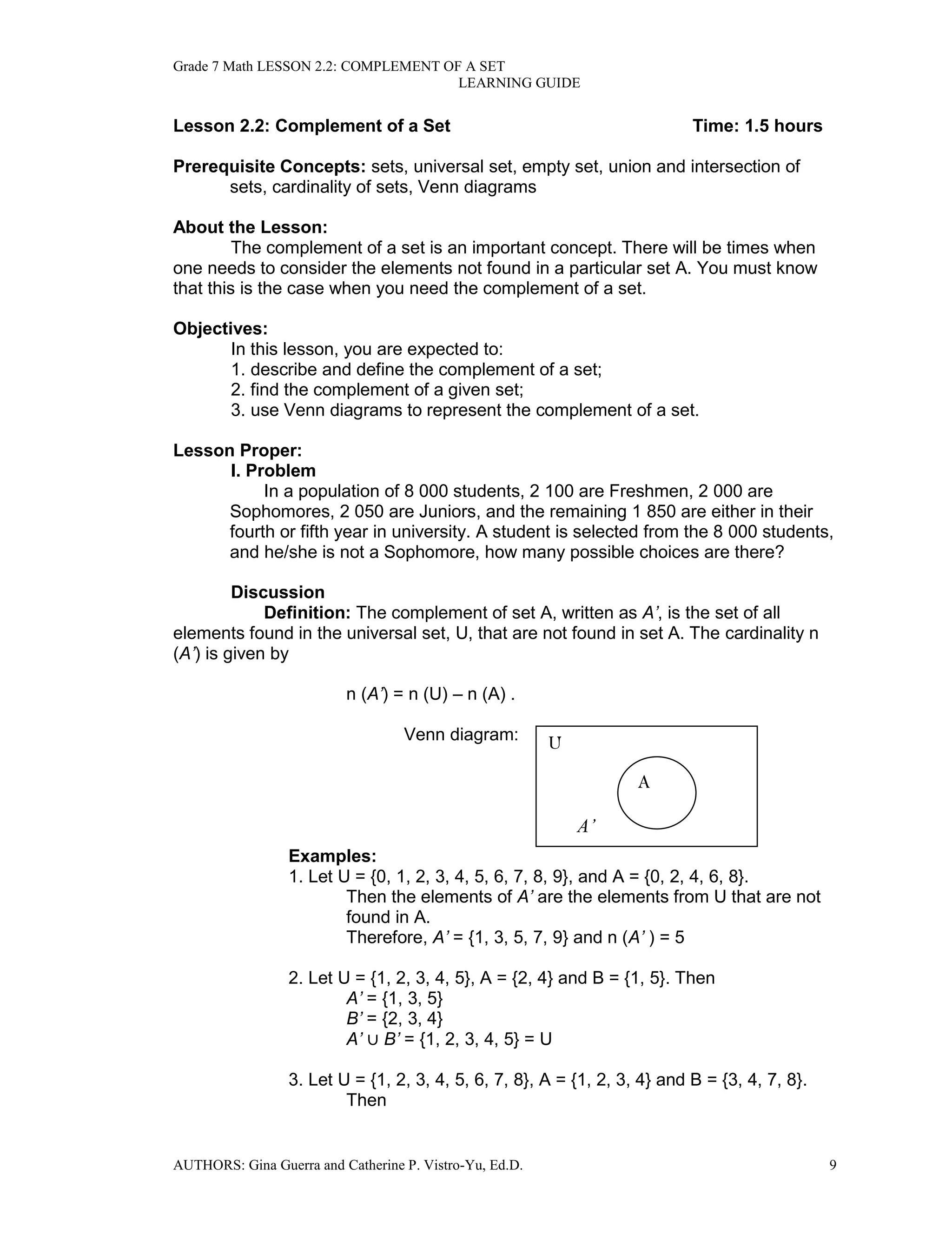 Grade 7 Math LESSON 2.2: COMPLEMENT OF A SET
LEARNING GUIDE
AUTHORS: Gina Guerra and Catherine P. Vistro-Yu, Ed.D. 9
Lesson 2.2: Complement of a Set Time: 1.5 hours
Prerequisite Concepts: sets, universal set, empty set, union and intersection of
sets, cardinality of sets, Venn diagrams
About the Lesson:
The complement of a set is an important concept. There will be times when
one needs to consider the elements not found in a particular set A. You must know
that this is the case when you need the complement of a set.
Objectives:
In this lesson, you are expected to:
1. describe and define the complement of a set;
2. find the complement of a given set;
3. use Venn diagrams to represent the complement of a set.
Lesson Proper:
I. Problem
In a population of 8 000 students, 2 100 are Freshmen, 2 000 are
Sophomores, 2 050 are Juniors, and the remaining 1 850 are either in their
fourth or fifth year in university. A student is selected from the 8 000 students,
and he/she is not a Sophomore, how many possible choices are there?
Discussion
Definition: The complement of set A, written as A’, is the set of all
elements found in the universal set, U, that are not found in set A. The cardinality n
(A’) is given by
n (A’) = n (U) – n (A) .
Venn diagram:
Examples:
1. Let U = {0, 1, 2, 3, 4, 5, 6, 7, 8, 9}, and A = {0, 2, 4, 6, 8}.
Then the elements of A’ are the elements from U that are not
found in A.
Therefore, A’ = {1, 3, 5, 7, 9} and n (A’ ) = 5
2. Let U = {1, 2, 3, 4, 5}, A = {2, 4} and B = {1, 5}. Then
A’ = {1, 3, 5}
B’ = {2, 3, 4}
A’ B’ = {1, 2, 3, 4, 5} = U
3. Let U = {1, 2, 3, 4, 5, 6, 7, 8}, A = {1, 2, 3, 4} and B = {3, 4, 7, 8}.
Then
U
A’
A
 