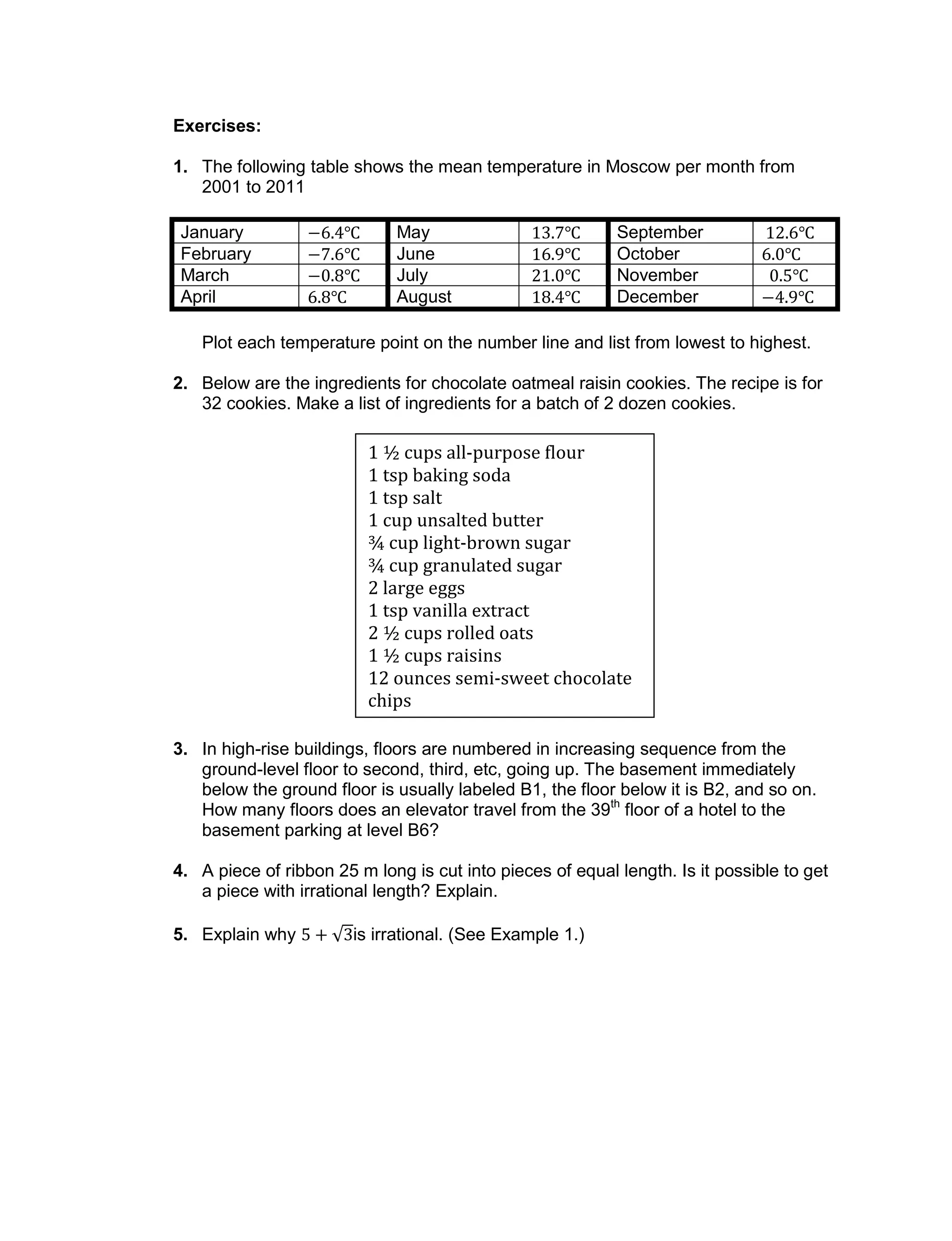 Exercises:
1. The following table shows the mean temperature in Moscow per month from
2001 to 2011
January May September
February June October
March July November
April August December
Plot each temperature point on the number line and list from lowest to highest.
2. Below are the ingredients for chocolate oatmeal raisin cookies. The recipe is for
32 cookies. Make a list of ingredients for a batch of 2 dozen cookies.
3. In high-rise buildings, floors are numbered in increasing sequence from the
ground-level floor to second, third, etc, going up. The basement immediately
below the ground floor is usually labeled B1, the floor below it is B2, and so on.
How many floors does an elevator travel from the 39th
floor of a hotel to the
basement parking at level B6?
4. A piece of ribbon 25 m long is cut into pieces of equal length. Is it possible to get
a piece with irrational length? Explain.
5. Explain why is irrational. (See Example 1.)
1 ½ cups all-purpose flour
1 tsp baking soda
1 tsp salt
1 cup unsalted butter
¾ cup light-brown sugar
¾ cup granulated sugar
2 large eggs
1 tsp vanilla extract
2 ½ cups rolled oats
1 ½ cups raisins
12 ounces semi-sweet chocolate
chips
 