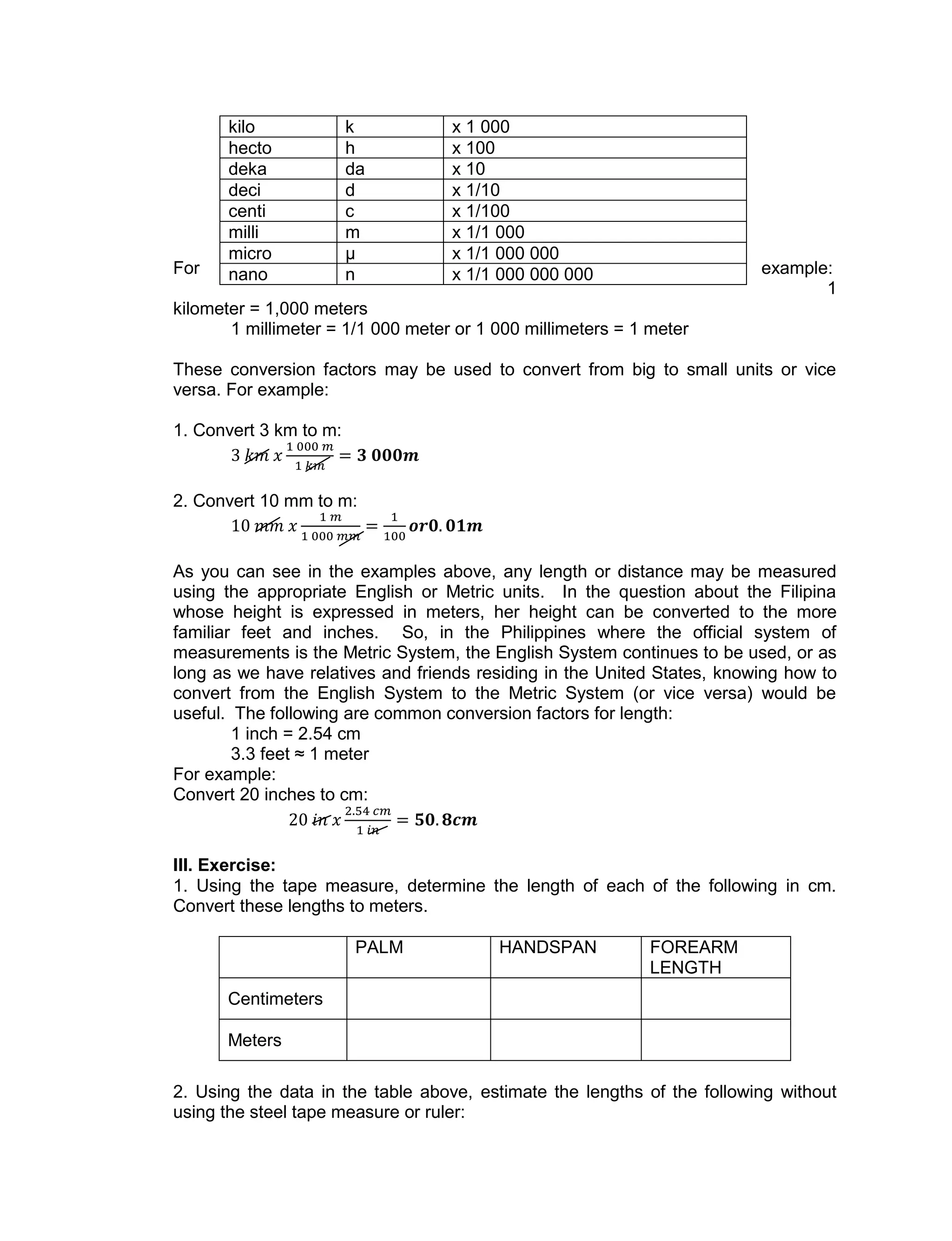 For example:
1
kilometer = 1,000 meters
1 millimeter = 1/1 000 meter or 1 000 millimeters = 1 meter
These conversion factors may be used to convert from big to small units or vice
versa. For example:
1. Convert 3 km to m:
2. Convert 10 mm to m:
As you can see in the examples above, any length or distance may be measured
using the appropriate English or Metric units. In the question about the Filipina
whose height is expressed in meters, her height can be converted to the more
familiar feet and inches. So, in the Philippines where the official system of
measurements is the Metric System, the English System continues to be used, or as
long as we have relatives and friends residing in the United States, knowing how to
convert from the English System to the Metric System (or vice versa) would be
useful. The following are common conversion factors for length:
1 inch = 2.54 cm
3.3 feet ≈ 1 meter
For example:
Convert 20 inches to cm:
III. Exercise:
1. Using the tape measure, determine the length of each of the following in cm.
Convert these lengths to meters.
PALM HANDSPAN FOREARM
LENGTH
Centimeters
Meters
2. Using the data in the table above, estimate the lengths of the following without
using the steel tape measure or ruler:
kilo k x 1 000
hecto h x 100
deka da x 10
deci d x 1/10
centi c x 1/100
milli m x 1/1 000
micro µ x 1/1 000 000
nano n x 1/1 000 000 000
 