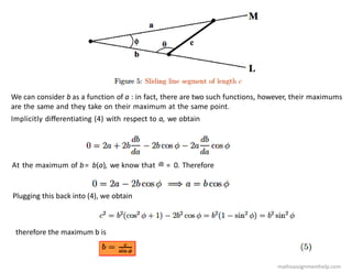 We can consider b as a function of a : in fact, there are two such functions, however, their maximums
are the same and they take on their maximum at the same point.
Implicitly diﬀerentiating (4) with respect to a, we obtain
At the maximum of b= b(a), we know that db = 0. Therefore
Plugging this back into (4), we obtain
therefore the maximum b is
mathsassignmenthelp.com
 