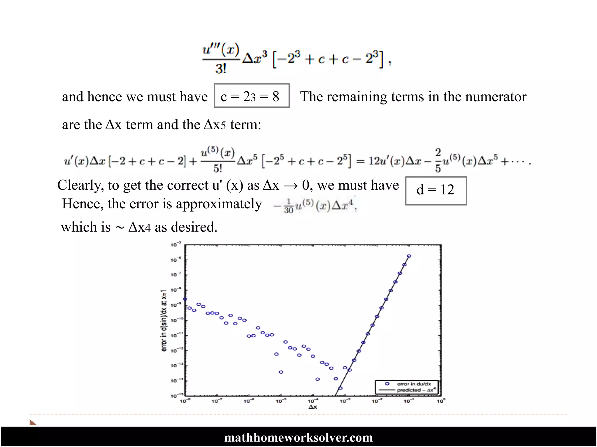 and hence we must have c = 23 = 8
are the Δx term and the Δx5 term:
The remaining terms in the numerator
Clearly, to get the correct u' (x) as Δx → 0, we must have d = 12
Hence, the error is approximately
which is ∼ Δx4 as desired.
mathhomeworksolver.com
 