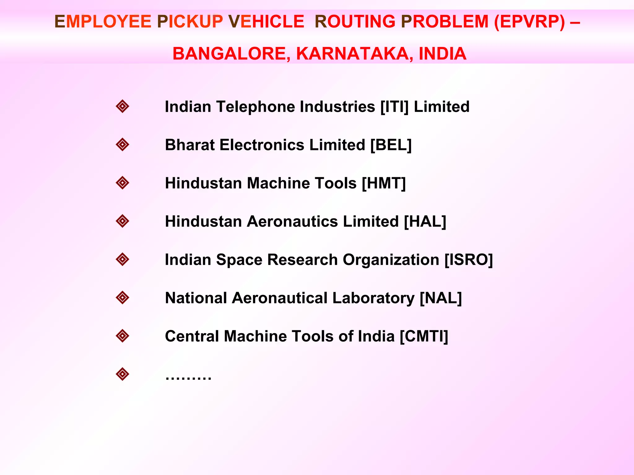 E MPLOYEE  P ICKUP   V E HICLE  R OUTING  P ROBLEM (EPVRP) – BANGALORE, KARNATAKA, INDIA  Indian Telephone Industries [ITI] Limited    Bharat Electronics Limited [BEL]    Hindustan Machine Tools [HMT]    Hindustan Aeronautics Limited [HAL]    Indian Space Research Organization [ISRO]    National Aeronautical Laboratory [NAL]     Central Machine Tools of India [CMTI]     ………  