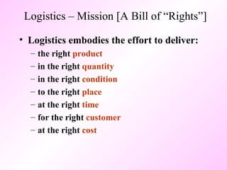 Logistics – Mission [A Bill of “Rights”] Logistics embodies the effort to deliver: the right  product in the right  quantity in the right  condition to the right  place at the right  time for the right  customer at the right  cost 