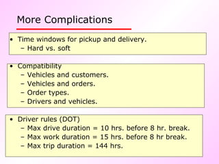 More Complications Time windows for pickup and delivery. Hard vs. soft Compatibility Vehicles and customers. Vehicles and orders. Order types. Drivers and vehicles. Driver rules (DOT) Max drive duration = 10 hrs. before 8 hr. break. Max work duration = 15 hrs. before 8 hr break. Max trip duration = 144 hrs. 