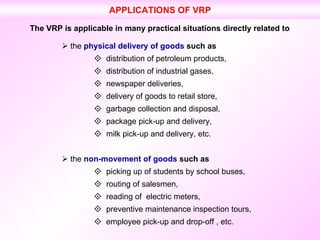 The VRP is applicable in many practical situations directly related to    the  physical delivery of goods  such as    distribution of petroleum products,    distribution of industrial gases,    newspaper deliveries,    delivery of goods to retail store,    garbage collection and disposal,    package pick-up and delivery,    milk pick-up and delivery, etc.    the  non-movement of goods  such as    picking up of students by school buses,    routing of salesmen,    reading of  electric meters,    preventive maintenance inspection tours,    employee pick-up and drop-off , etc. APPLICATIONS OF VRP 