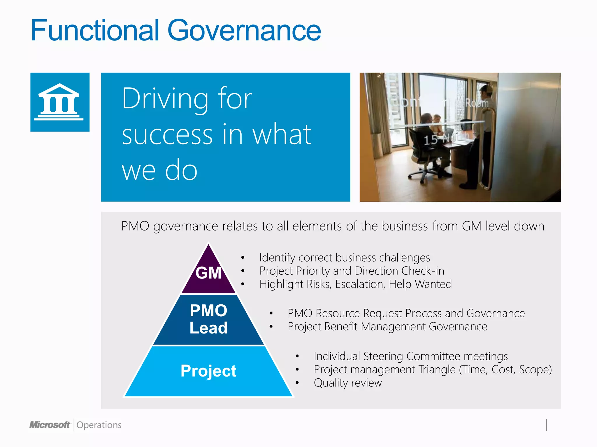 Functional Governance

      Driving for
      success in what
      we do
      PMO governance relates to all elements of the business from GM level down

                          •   Identify correct business challenges
                  GM      •   Project Priority and Direction Check-in
                          •   Highlight Risks, Escalation, Help Wanted

                 PMO           •   PMO Resource Request Process and Governance
                 Lead          •   Project Benefit Management Governance

                                     •   Individual Steering Committee meetings
                Project              •   Project management Triangle (Time, Cost, Scope)
                                     •   Quality review
 