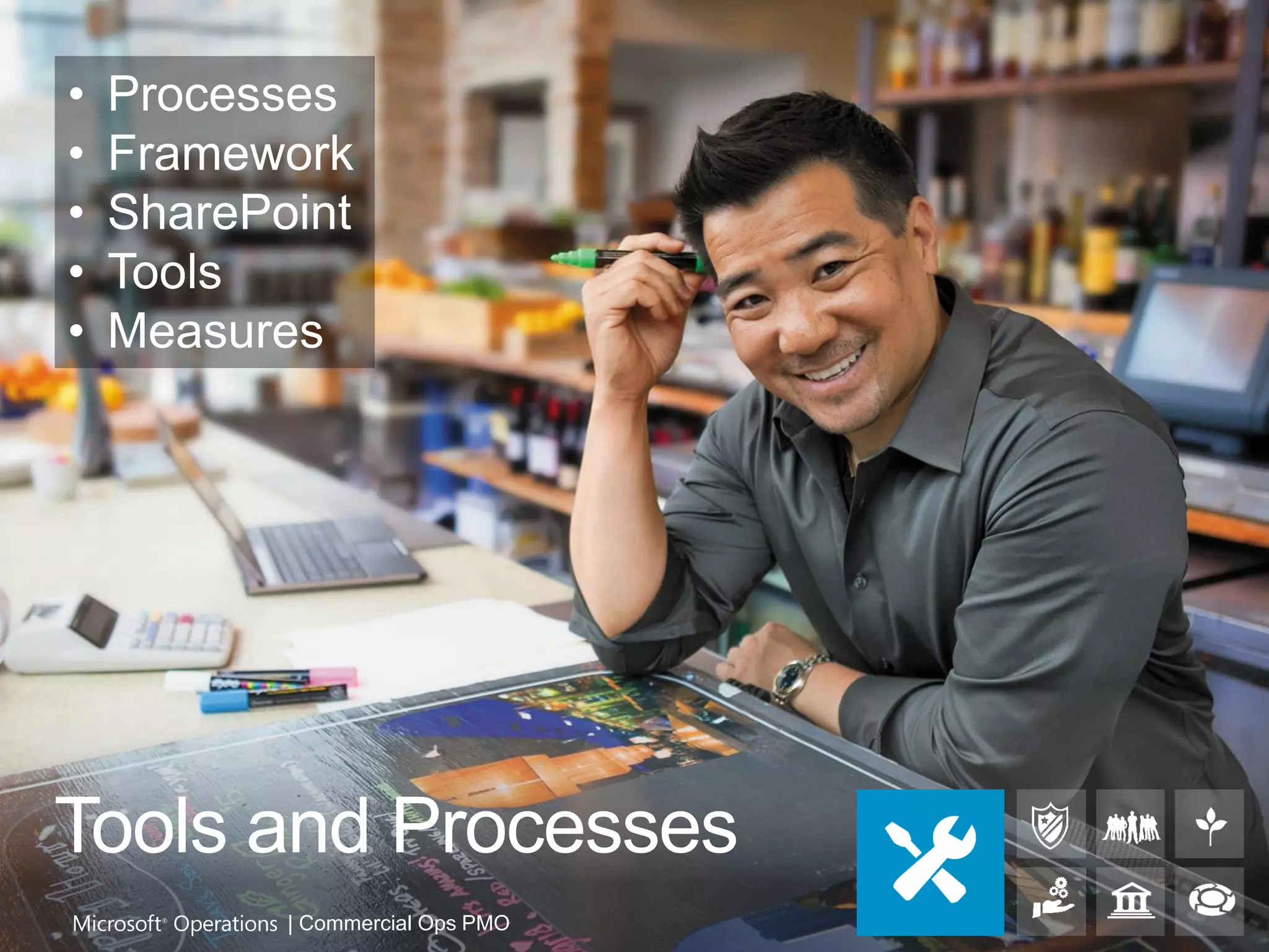 •   Processes
•   Framework
•   SharePoint
•   Tools
•   Measures




Tools and Processes
           | Commercial Ops PMO
 