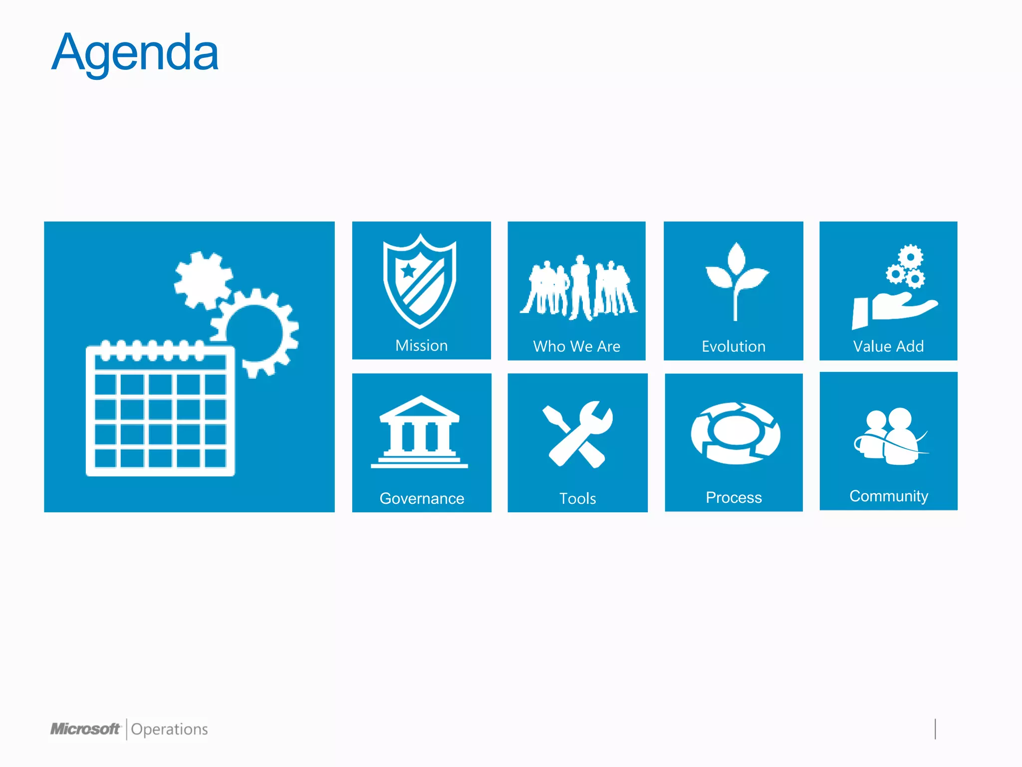 Agenda




          Mission     Who We Are   Evolution   Value Add




         Governance      Tools     Process     Community
 