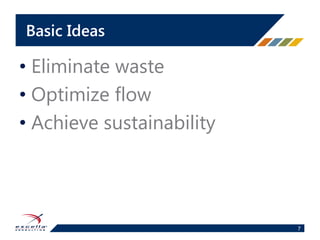 Waste
Any non-value added activity in a process
Type 1: Enablers, (currently) required
Type 2: Truly unnecessary
 