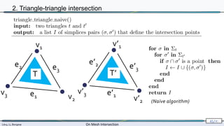 Lévy, Li, Borgese On Mesh Intersection
45/∞
2. Triangle-triangle intersection
v1
v2
v3 e1
e2 e3
T
v’1
v’2
v’3 e’1
e’2 e’3
T’
(Naïve algorithm)
 