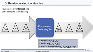 Lévy, Li, Borgese On Mesh Intersection
68/∞
3. Re-triangulating the triangles
Constrained
Delaunay 2d
• Orient2d(p1,p2,p3)
• InCircle(p1,p2,p3,p4)
• CreateIntersection(p1,p2,p3,p4) → p
Our points are intersections
Let’s compute them exactly !
 
