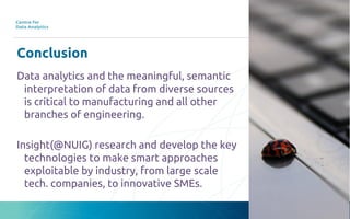 Conclusion
Data analytics and the meaningful, semantic
interpretation of data from diverse sources
is critical to manufacturing and all other
branches of engineering.
Insight(@NUIG) research and develop the key
technologies to make smart approaches
exploitable by industry, from large scale
tech. companies, to innovative SMEs.
 