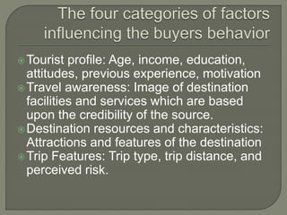 Tourist profile: Age, income, education,
attitudes, previous experience, motivation
Travel awareness: Image of destination
facilities and services which are based
upon the credibility of the source.
Destination resources and characteristics:
Attractions and features of the destination
Trip Features: Trip type, trip distance, and
perceived risk.
 