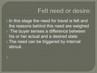 In this stage the need for travel is felt and
the reasons behind this need are weighed
 The buyer senses a difference between
his or her actual and a desired state
The need can be triggered by internal
stimuli.

 