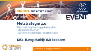 1
Netstrategie 2.0
Electrical Engineering gebaseerd op
- (Big) data analytics
- Deterministisch naar Probabilistisch
MSc. B.eng Mathijs (M) Boddaert
 