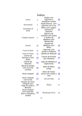Índice
                             Feijão com
     Autora        2          legumes e            20
                          temperos verdes
                        Feijão Branco com
  Apresentação     3                               21
                         legumes ao Curry
                        Milho com vagem,
 Alimentação &
                   5          Cenoura e            22
     Saúde
                               Salsinha
                              Bolinho de
                        Lentilha com Aveia
Cardápio Semanal   7         e molho de            23
                            Abóbora com
                             Manjericão
                              Assado de
    Granola        10       Abóbora com            24
                                 Milho
                            Legumes com
 Creme de Maçã     11                              25
                          queijo e Orégano
 Creme de Thaine   12   Salada de Abacate          26
   Creme de
                         Creme de Ervilha
Damasco com        13                              27
                           com Azeitona
     Aveia
   Creme de             sopa de Abóbora e
                   14                     28
    Abacate                especiarias
Banana assada
                              Bolo de Milho
 com suco de       15                              29
                                  verde
    Laranja
                          Doce de frutas
 Arroz integral    16   secas com nozes e 30
                               mel
 Arroz integral
                   17         Torta de Feijão      31
   com ervas
Assado de arroz
  integral com
                   18              Índice          32
Trigo em grão e
     Banana
 Arroz integral
 com Grão-de-
                   19        Distribuição Postal   35
Bico e temperos
     verdes
                        32
 